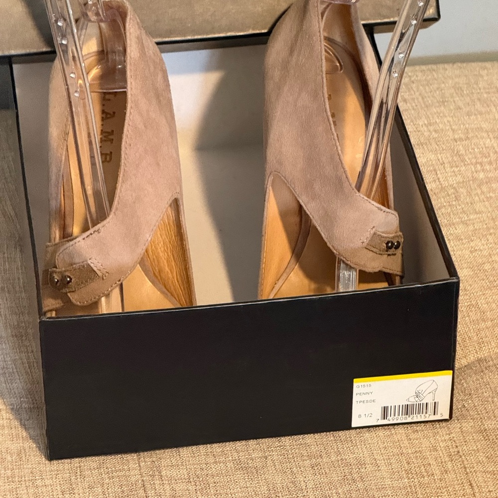 L.A.M.B. “Penny” Women Taupe Suede Open Toe Slip On Stiletto Shoes Heels